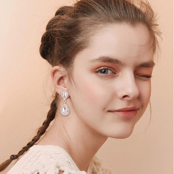 ❤️Women Pink Vintage Dangle Earrings Sparkle Crystal Bridal  Drop Formal Prom - Picture 6 of 7